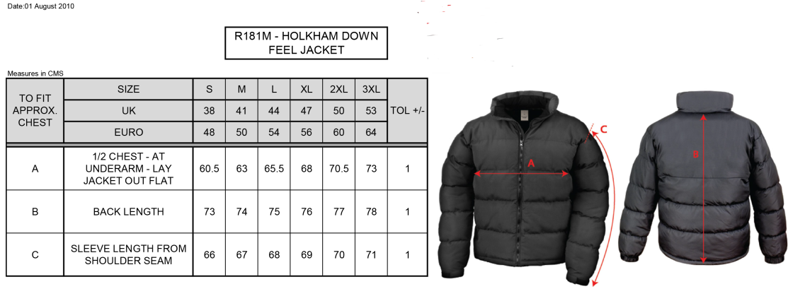 Aston University - Holkham Down Feel Jacket - Unisex Fit - Size Guide