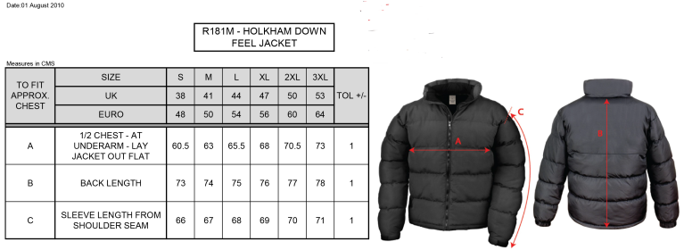 Aston University - Holkham Down Feel Jacket - Unisex Fit - Size Guide