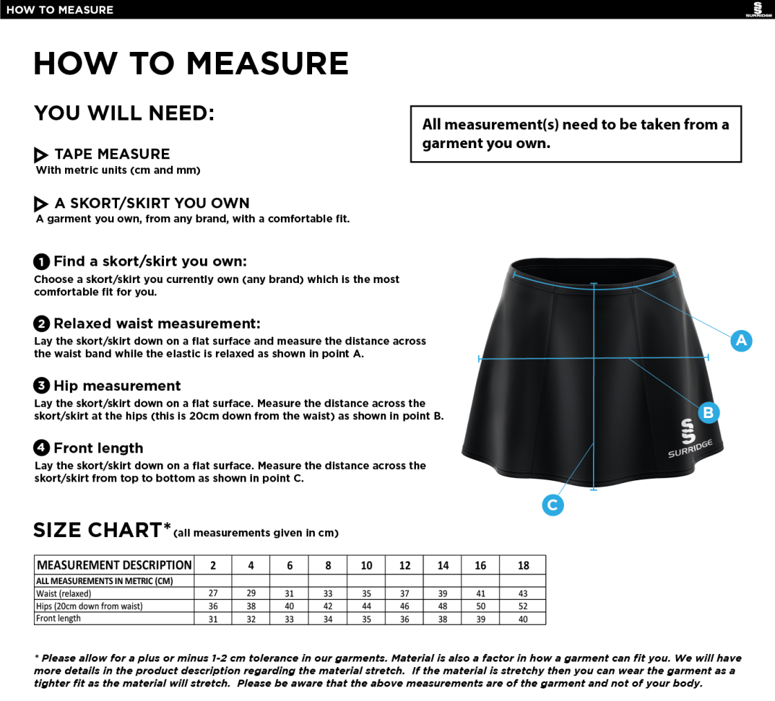 Aston University - Skort - Red - Size Guide