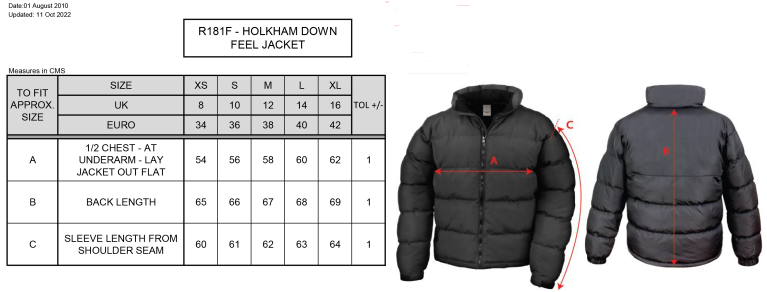 Aston University - Holkham Down Feel Jacket - Women's Fit - Size Guide