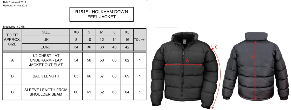 Aston University - Holkham Down Feel Jacket - Women's Fit - Size Guide