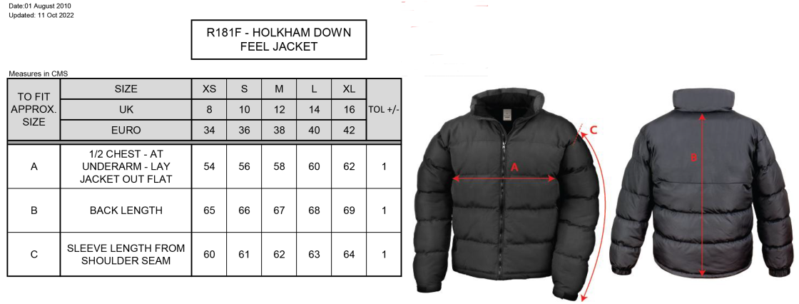 Aston University - Holkham Down Feel Jacket - Women's Fit - Size Guide
