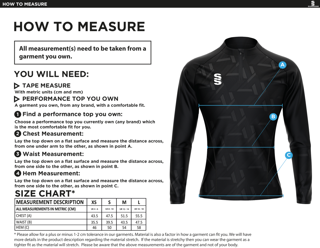 Aston University - Impact 1/4 Zip Performance Top - Black - Women's Fit - Size Guide