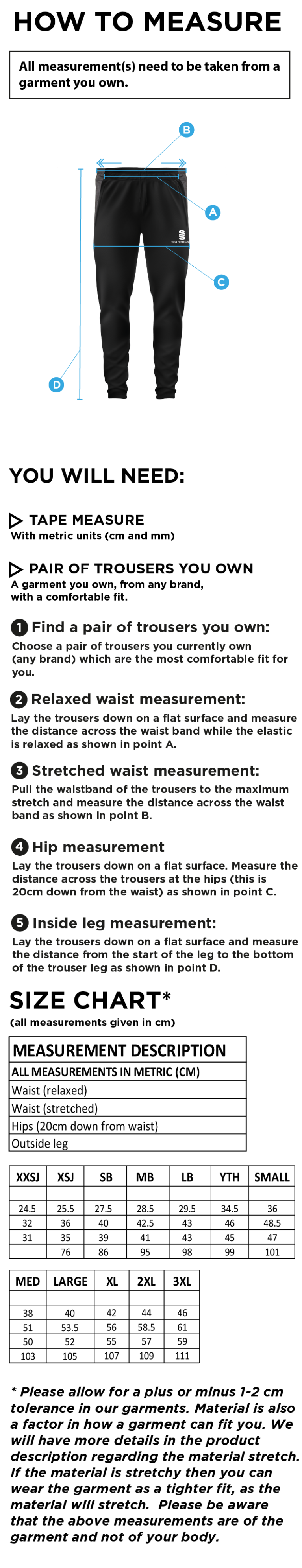 Aston University - Tek Slim Training Pants - Unisex Fit - Size Guide