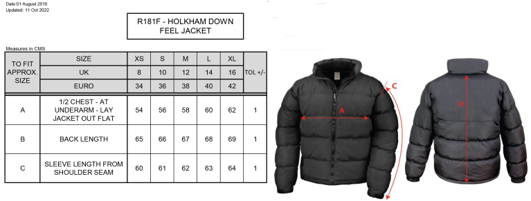 Aston University - Holkham Down Feel Jacket - Women's Fit - Size Guide