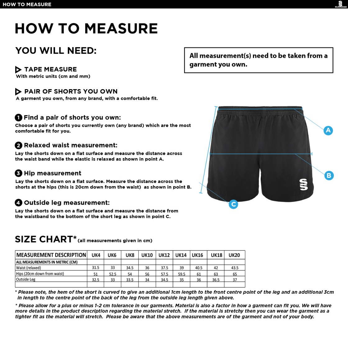 Aston University - Performance Gym Short - Women's Fit - Size Guide