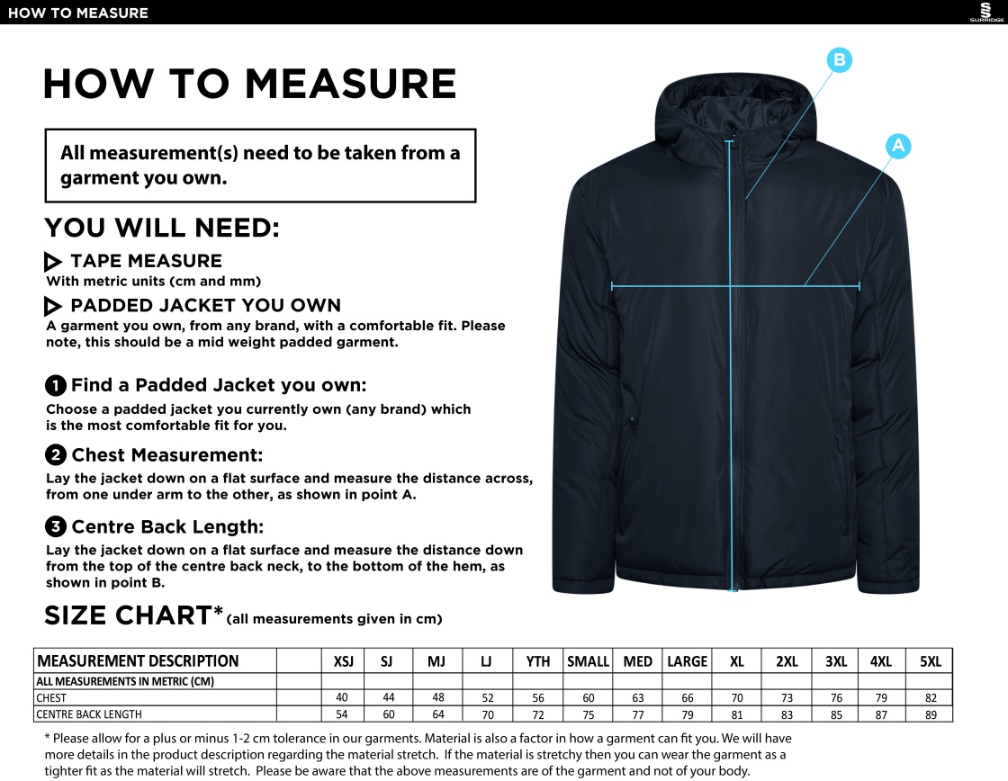 Aston University - Active Padded Jacket - Unisex Fit - Size Guide