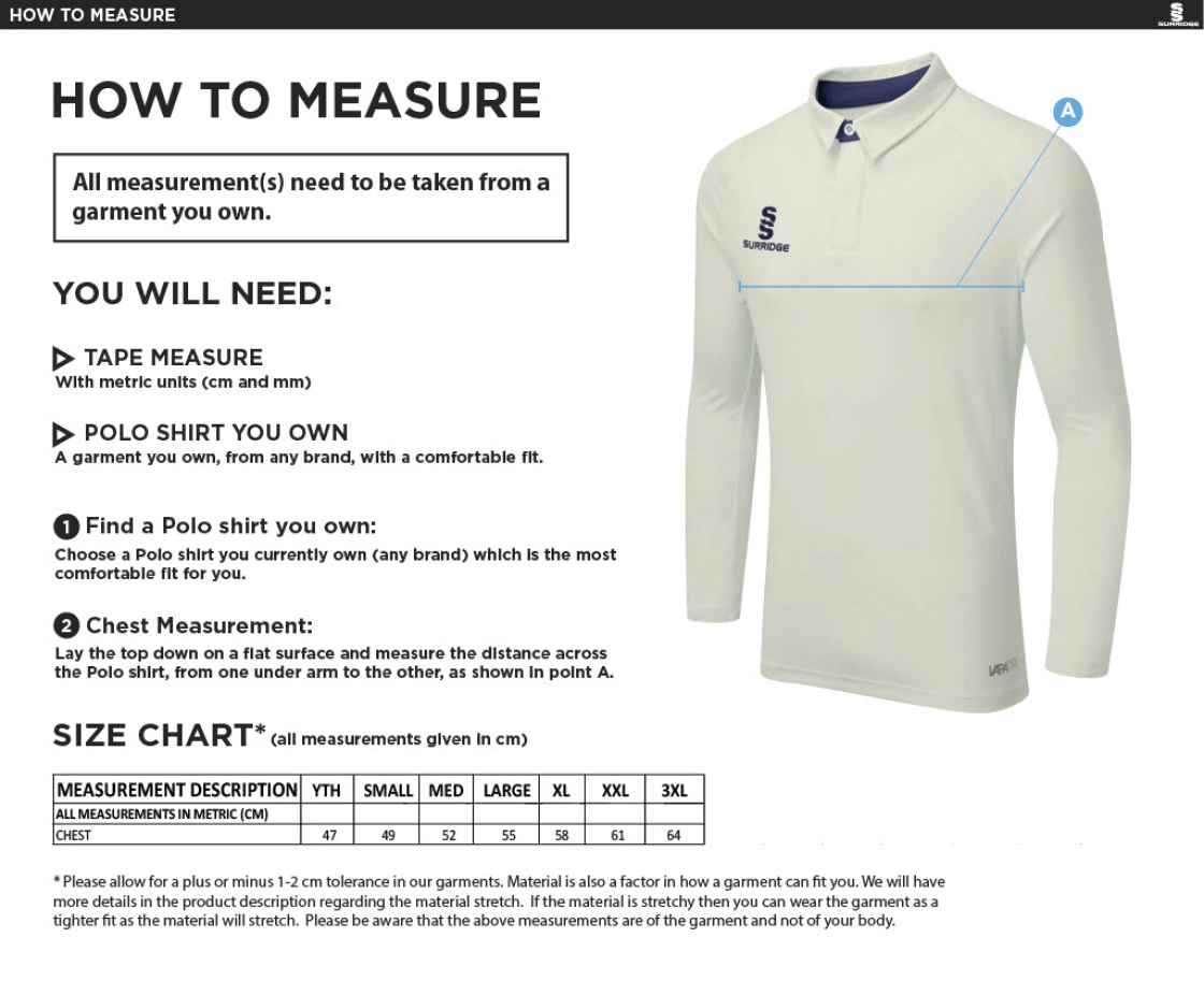 Aston University - Dual Cricket Shirt - Long Sleeved - Size Guide