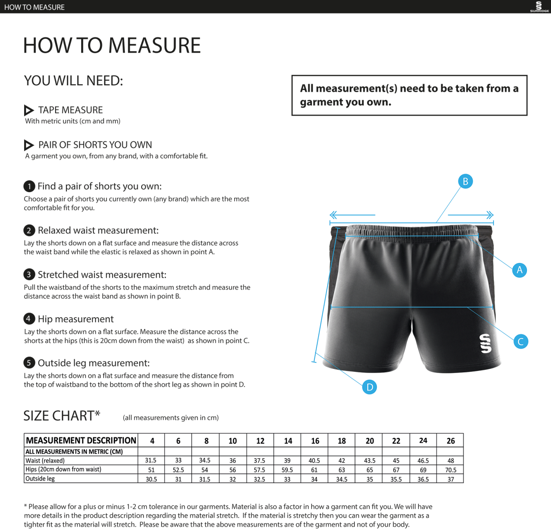 Aston University - Match Short - Women's Fit - Size Guide