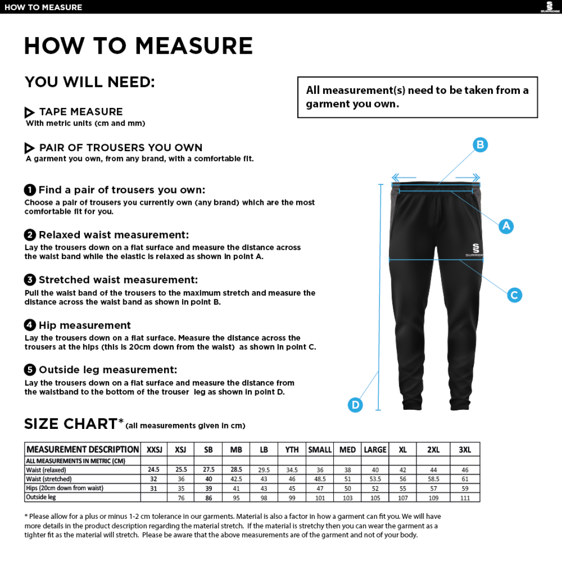 Aston University - Tek Slim Training Pants - Unisex Fit - Size Guide