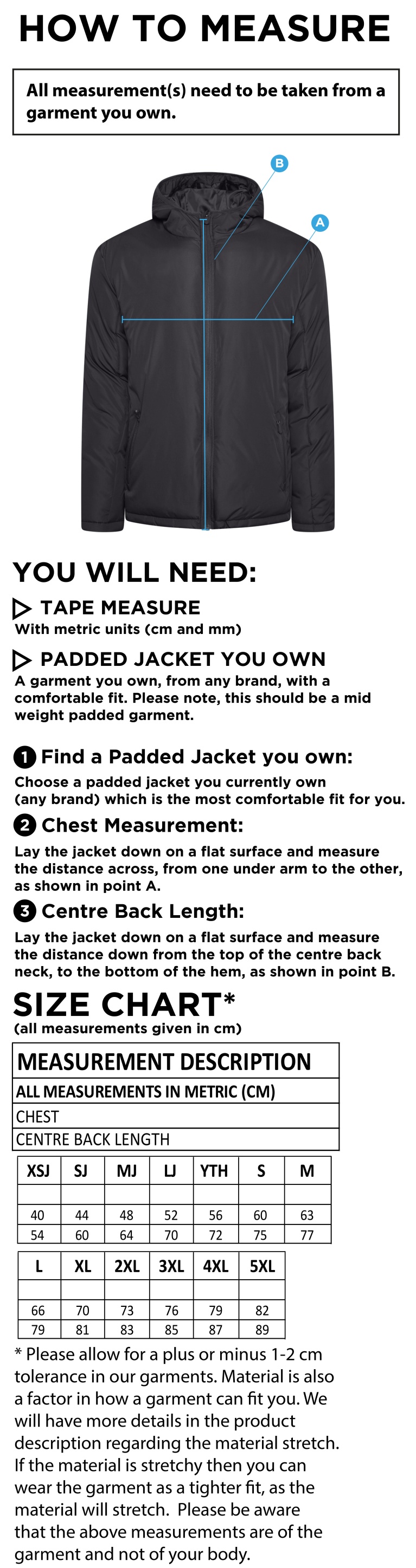 Aston University - Active Padded Jacket - Unisex Fit - Size Guide