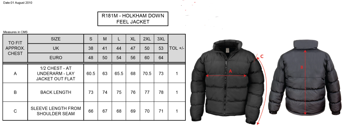 Aston University - Holkham Down Feel Jacket - Unisex Fit - Size Guide