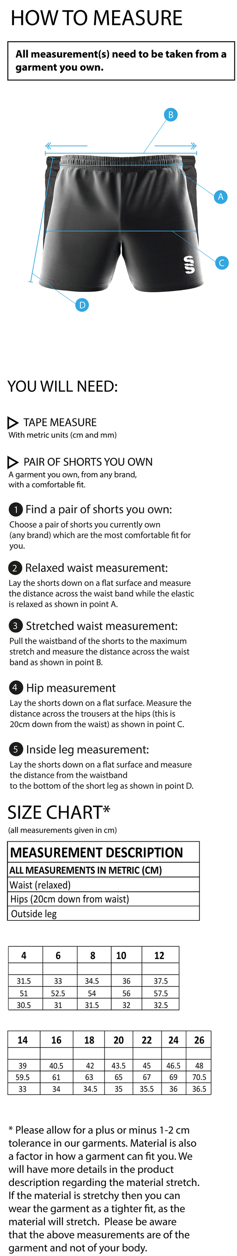 Aston University - Match Short - Women's Fit - Size Guide