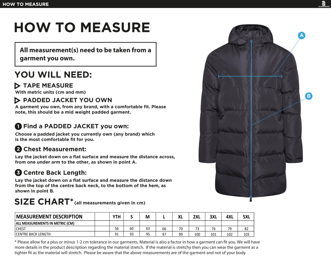 Aston University - Active Long Padded Jacket - Unisex Fit - Size Guide