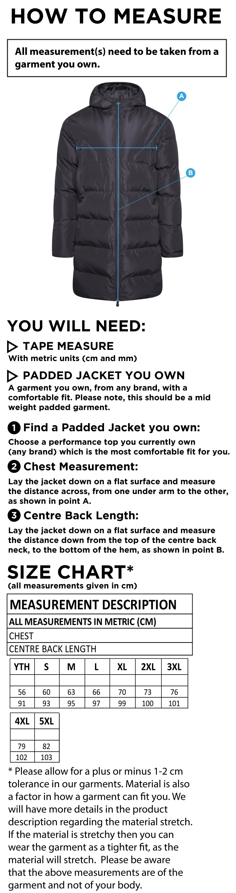 Aston University - Active Long Padded Jacket - Unisex Fit - Size Guide