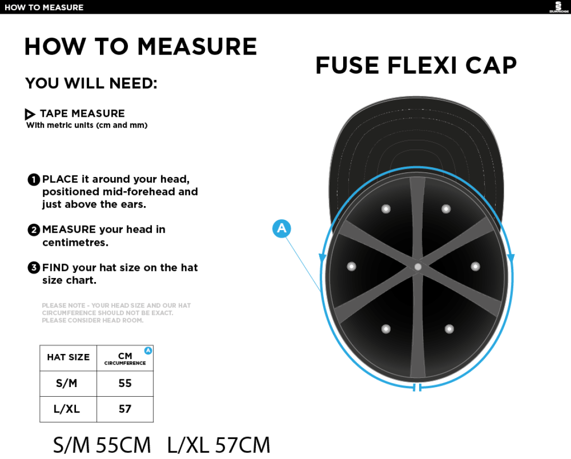 Aston University - Fuse Flexi Cap - Black - Size Guide